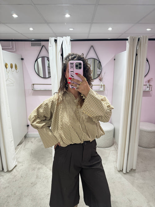 CHECKERED BALLOON BLOUSE BEIGE