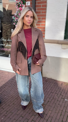 CHECKERED FRINGE BLAZER BORDEAUX