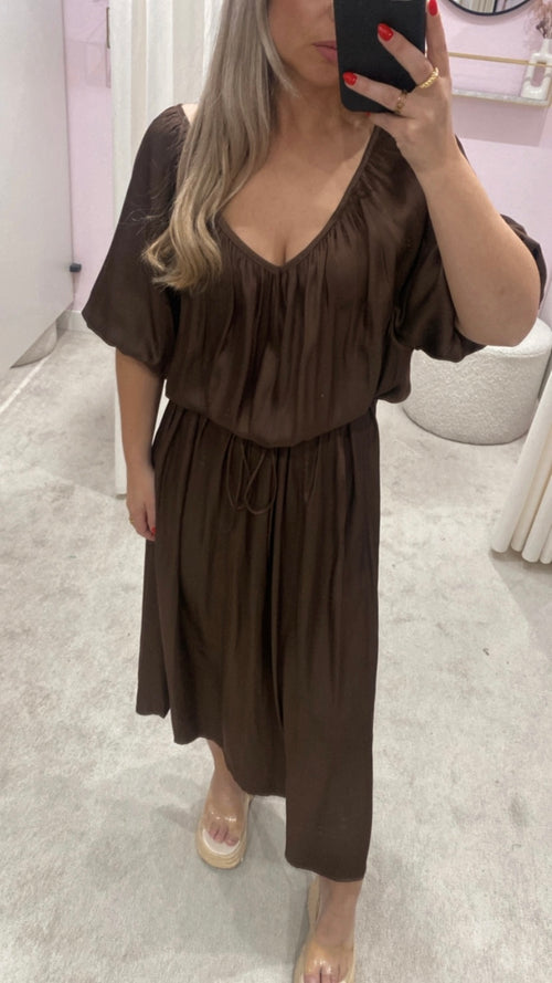 SATIN DRESS BROWN