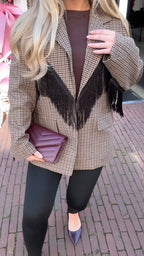 CHECKERED FRINGE BLAZER BROWN