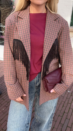 CHECKERED FRINGE BLAZER BORDEAUX