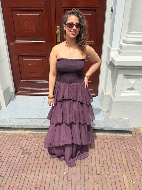 RUFFLE LONG DRESS AUBERGINE