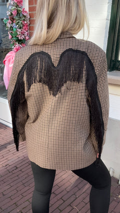 CHECKERED FRINGE BLAZER BROWN