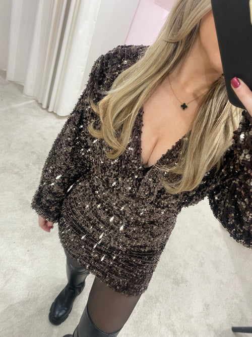 GLITTER ALL OVER DRESS CHOCOLATE