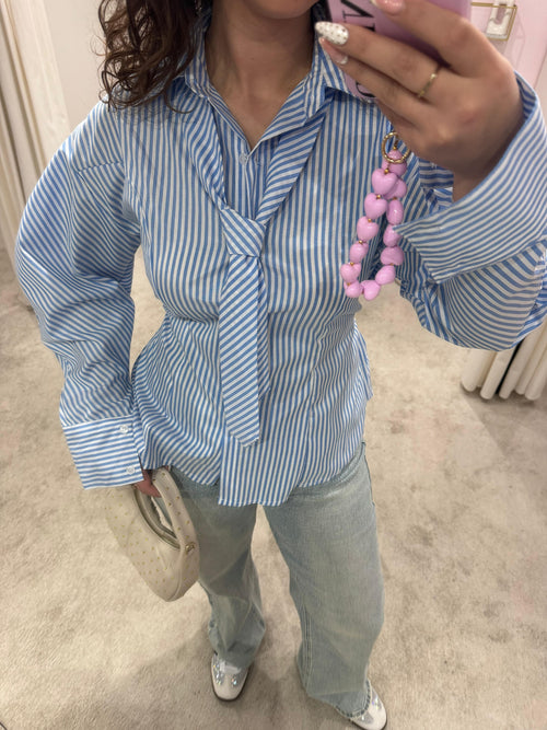 STRIPED BLOUSE WITH A TIE BLUE