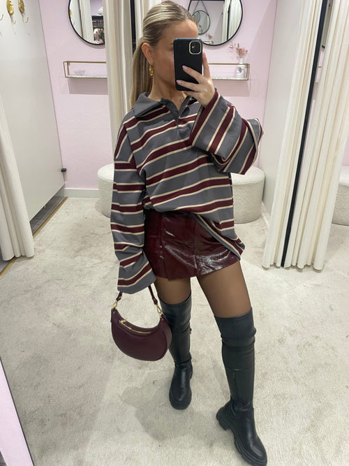 OVERSIZED STRIPED POLO GREY/BORDEAUX