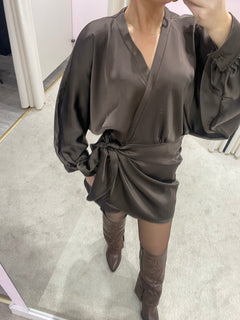 SATIN DRESS BROWN