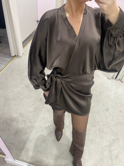 SATIN DRESS BROWN