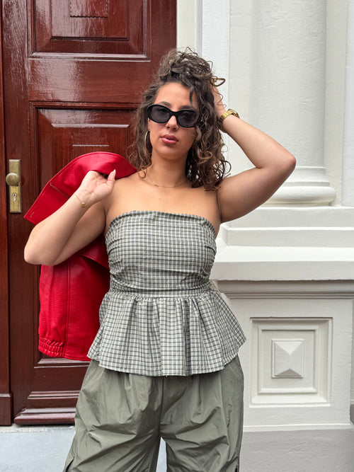 STRAPLESS TOP CHECKERED GREEN