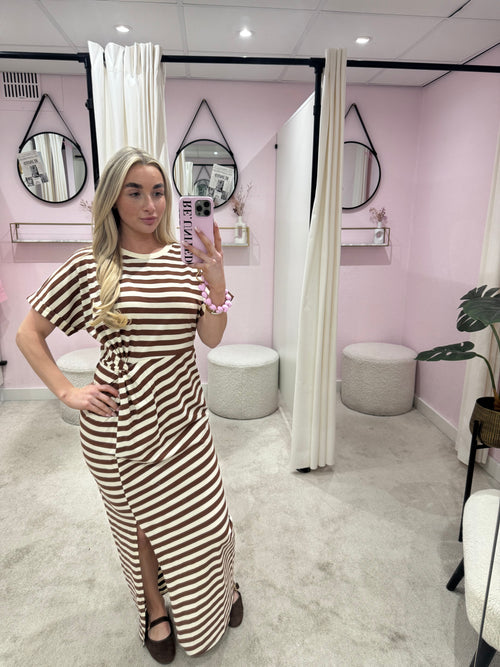 FIONA STRIPED TEE DRESS BROWN