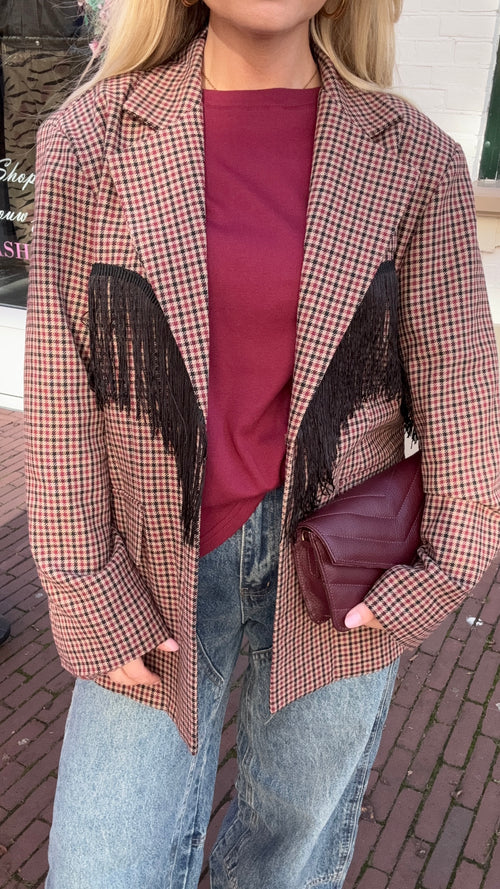 CHECKERED FRINGE BLAZER BORDEAUX