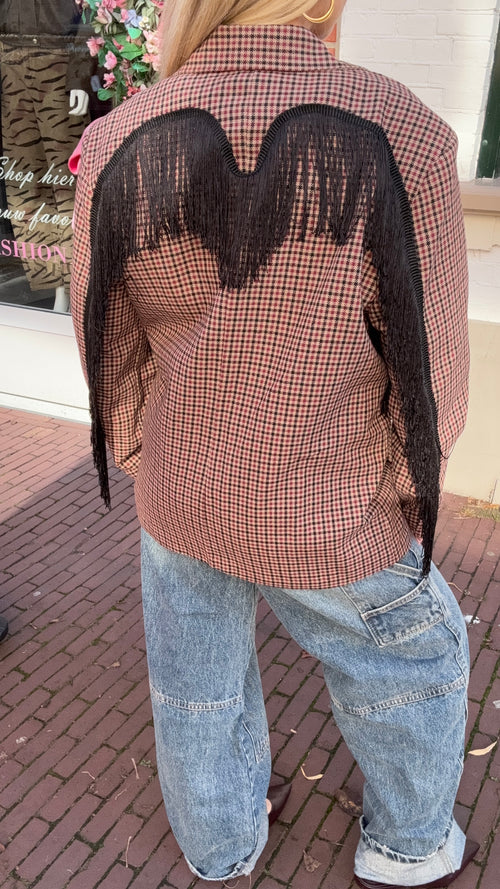 CHECKERED FRINGE BLAZER BORDEAUX