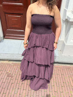 RUFFLE LONG DRESS AUBERGINE