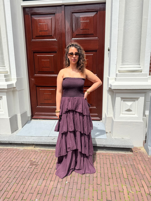 RUFFLE LONG DRESS AUBERGINE