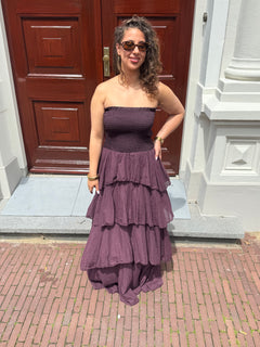 RUFFLE LONG DRESS AUBERGINE