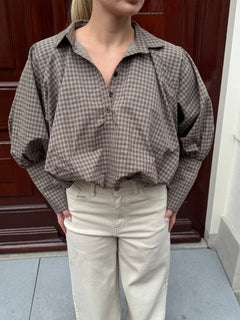 CHECKERED BALLOON BLOUSE BROWN