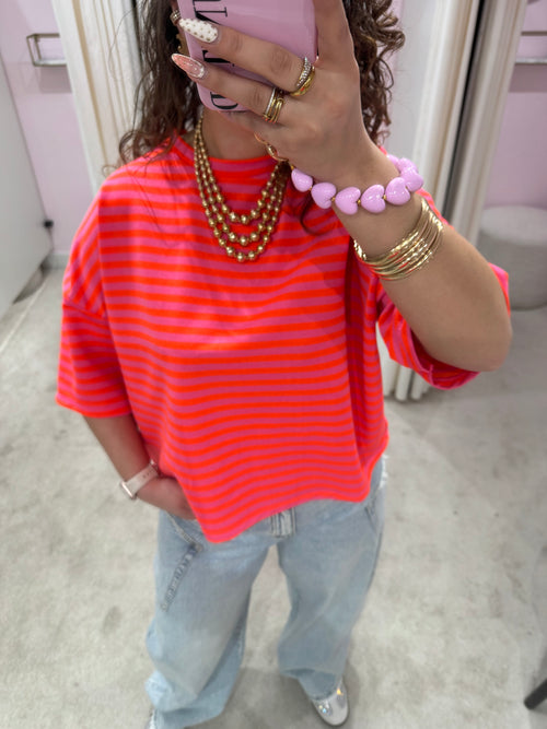 HAPPY STRIPED TEE PNK