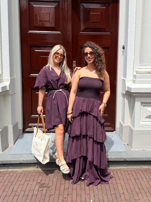 RUFFLE LONG DRESS AUBERGINE